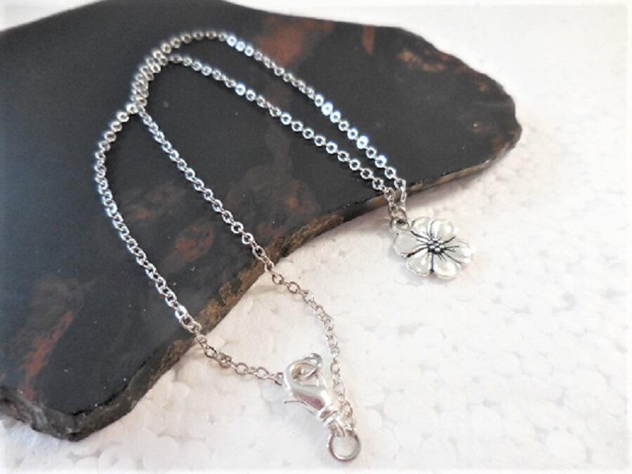 Dainty Choker Necklace with Silver Flower Charm on Silver Plate Chain