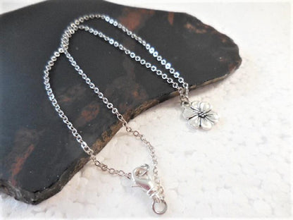 Dainty Choker Necklace with Silver Flower Charm on Silver Plate Chain