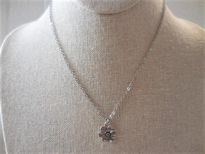 Dainty Choker Necklace with Silver Flower Charm on Silver Plate Chain