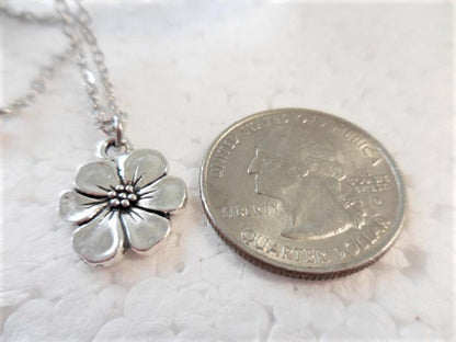 Dainty Choker Necklace with Silver Flower Charm on Silver Plate Chain