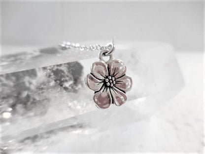Dainty Choker Necklace with Silver Flower Charm on Silver Plate Chain