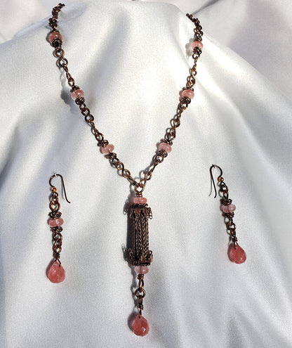 Copper Necklace and Matching Earrings with Rose Quartz Accents