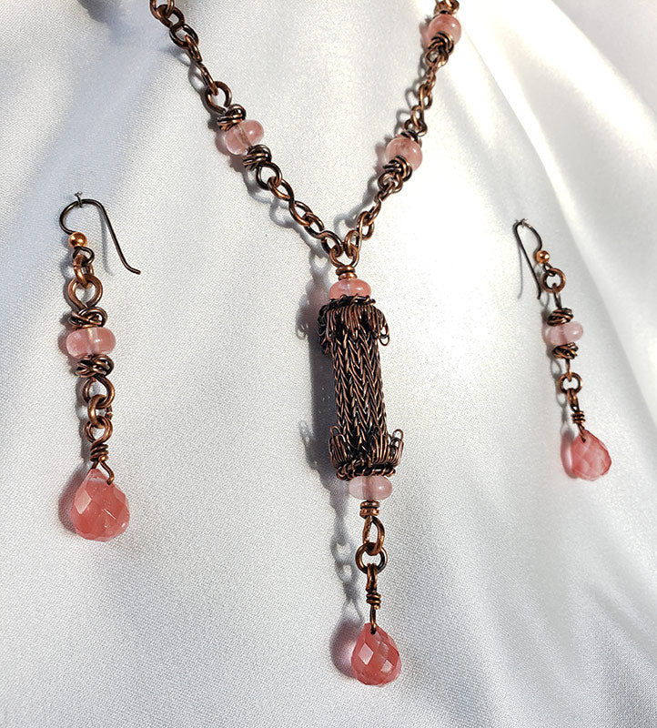 Copper Necklace and Matching Earrings with Rose Quartz Accents