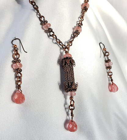 Copper Necklace and Matching Earrings with Rose Quartz Accents