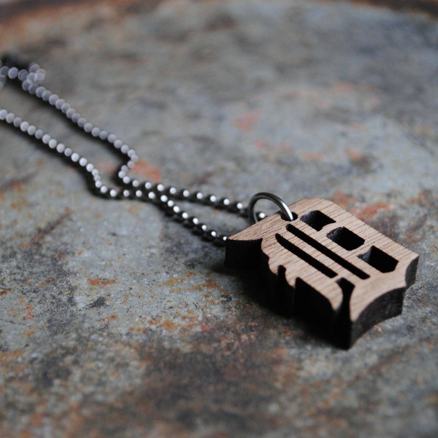 Old English D Necklace Wooden Walnut Detroit Jewelry Tigers Pistons Lions Red Wings