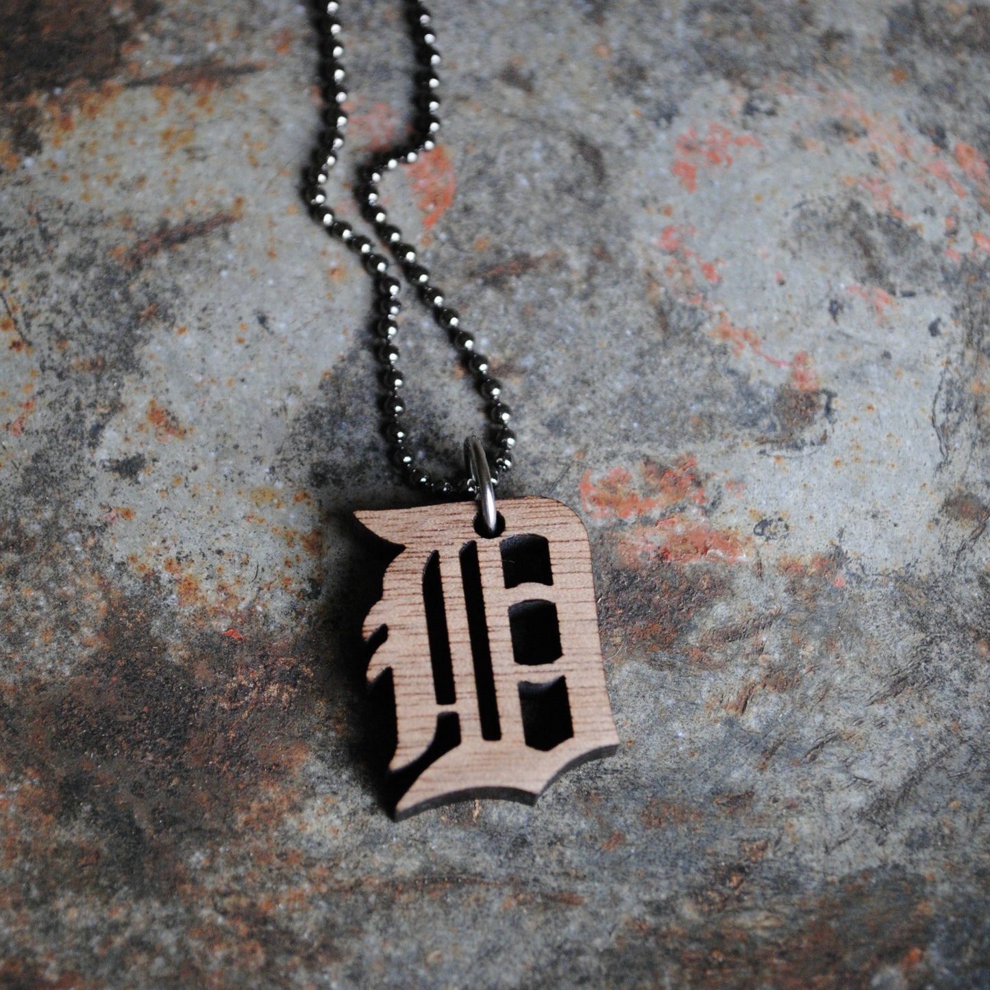 Old English D Necklace Wooden Walnut Detroit Jewelry Tigers Pistons Lions Red Wings
