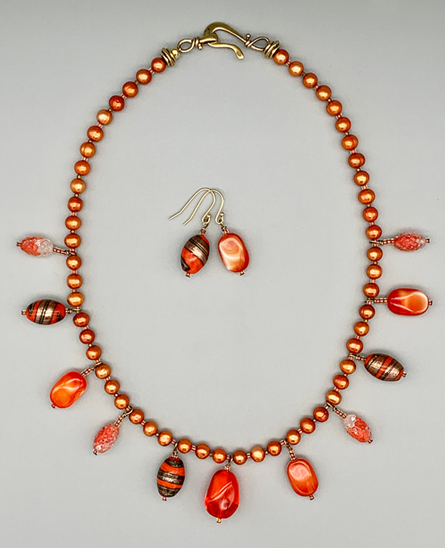 Necklace Set | Vintage bead charms, strand of orange freshwater pearls