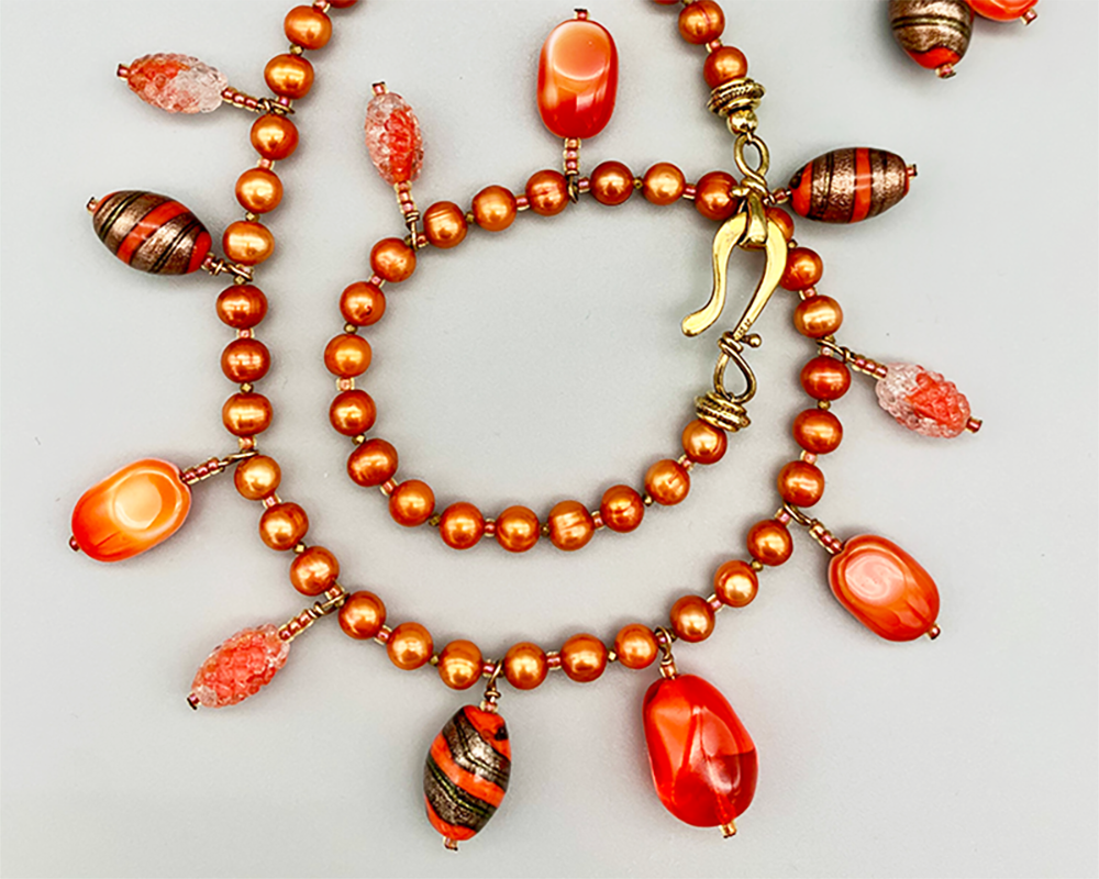 Necklace Set | Vintage bead charms, strand of orange freshwater pearls