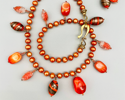 Necklace Set | Vintage bead charms, strand of orange freshwater pearls