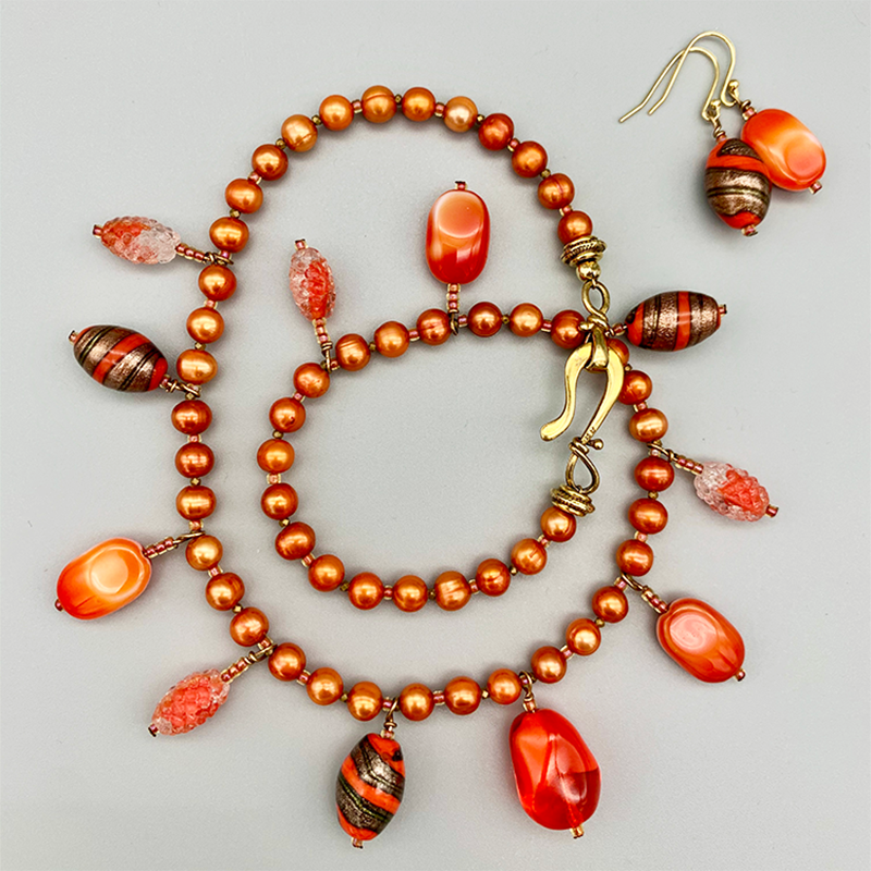 Necklace Set | Vintage bead charms, strand of orange freshwater pearls