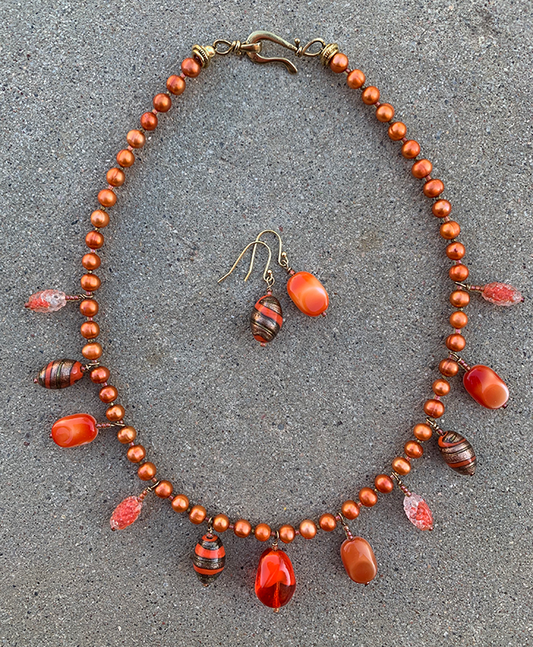 Necklace Set | Vintage bead charms, strand of orange freshwater pearls