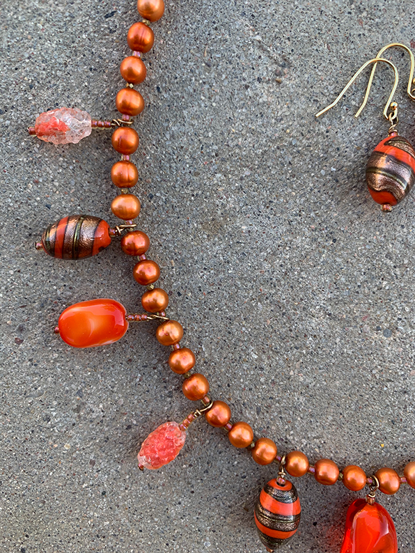 Necklace Set | Vintage bead charms, strand of orange freshwater pearls