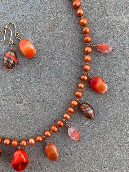 Necklace Set | Vintage bead charms, strand of orange freshwater pearls