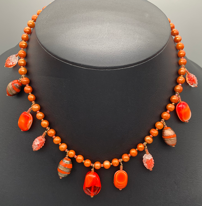 Necklace Set | Vintage bead charms, strand of orange freshwater pearls
