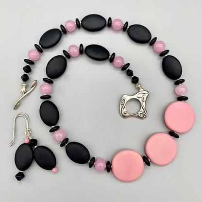 Necklace Set | Glass beads — pink vintage disks and rounds with matte black ovals, rondelles, and bi-cones