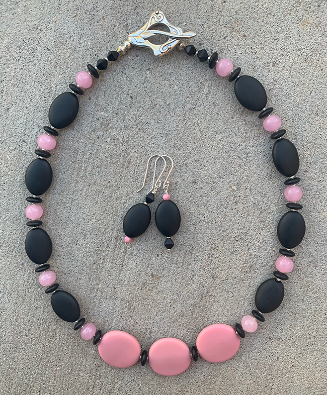 Necklace Set | Glass beads — pink vintage disks and rounds with matte black ovals, rondelles, and bi-cones