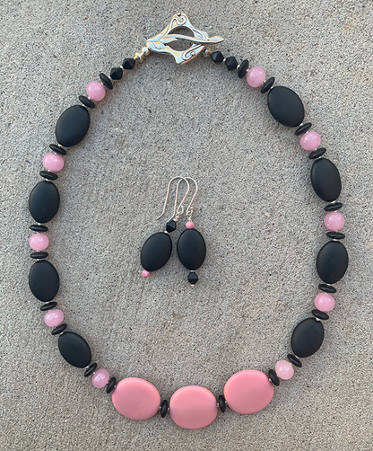 Necklace Set | Glass beads — pink vintage disks and rounds with matte black ovals, rondelles, and bi-cones
