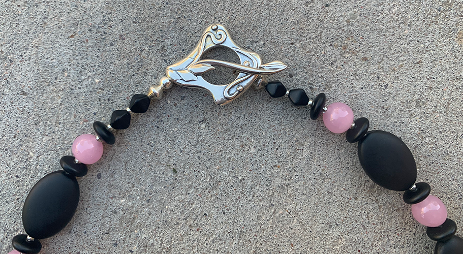 Necklace Set | Glass beads — pink vintage disks and rounds with matte black ovals, rondelles, and bi-cones