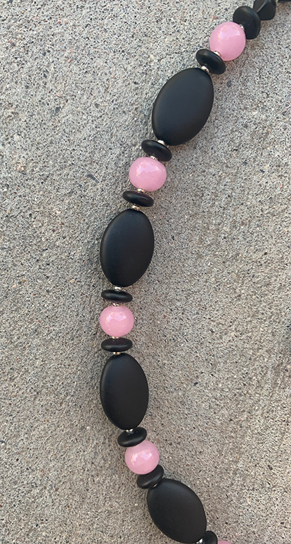 Necklace Set | Glass beads — pink vintage disks and rounds with matte black ovals, rondelles, and bi-cones