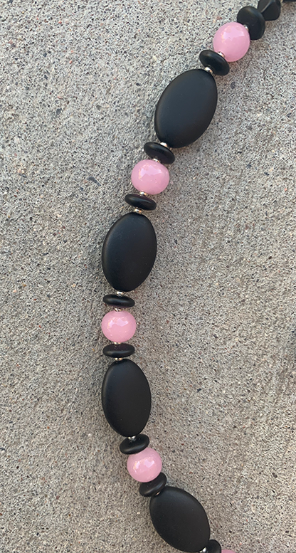 Necklace Set | Glass beads — pink vintage disks and rounds with matte black ovals, rondelles, and bi-cones