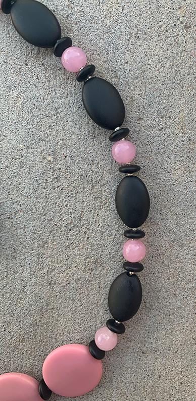 Necklace Set | Glass beads — pink vintage disks and rounds with matte black ovals, rondelles, and bi-cones