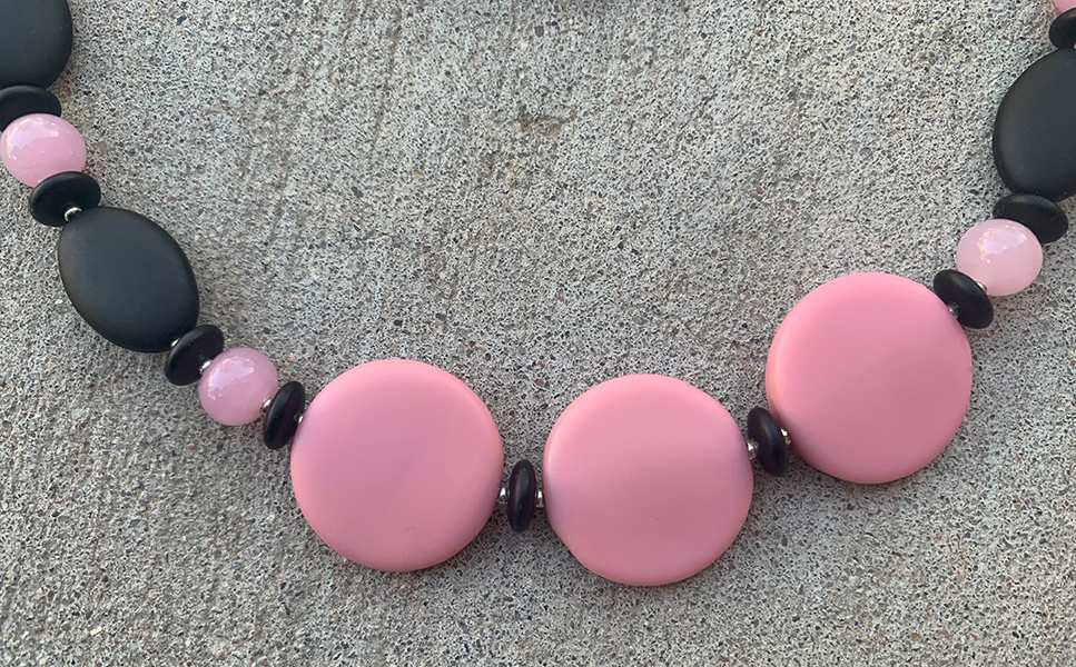 Necklace Set | Glass beads — pink vintage disks and rounds with matte black ovals, rondelles, and bi-cones