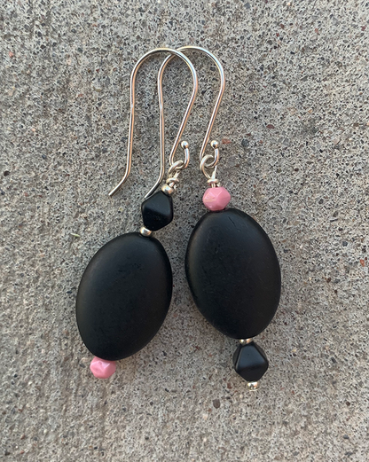 Necklace Set | Glass beads — pink vintage disks and rounds with matte black ovals, rondelles, and bi-cones