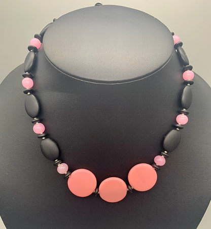 Necklace Set | Glass beads — pink vintage disks and rounds with matte black ovals, rondelles, and bi-cones