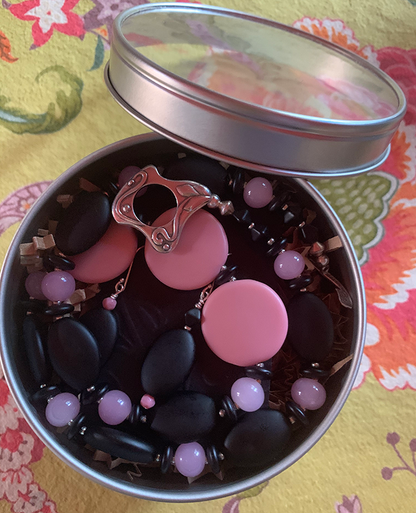 Necklace Set | Glass beads — pink vintage disks and rounds with matte black ovals, rondelles, and bi-cones
