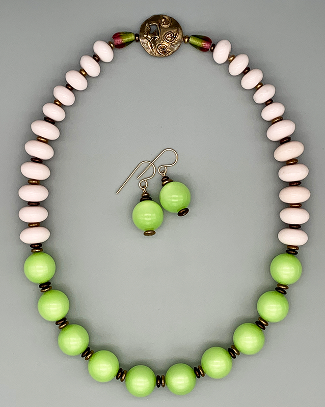Necklace Set | Lime green Lucite rounds, pale pink vintage glass rondelles