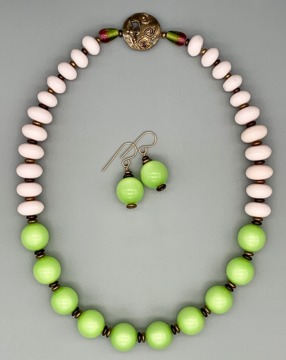Necklace Set | Lime green Lucite rounds, pale pink vintage glass rondelles