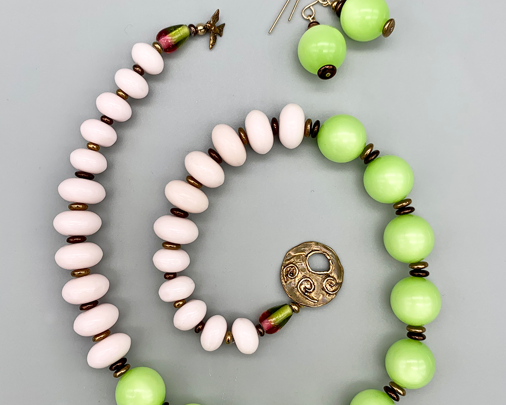 Necklace Set | Lime green Lucite rounds, pale pink vintage glass rondelles