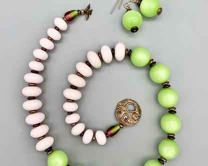 Necklace Set | Lime green Lucite rounds, pale pink vintage glass rondelles
