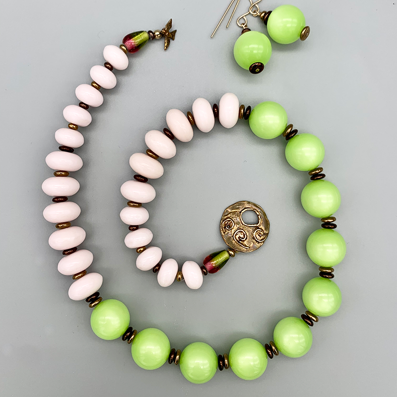 Necklace Set | Lime green Lucite rounds, pale pink vintage glass rondelles