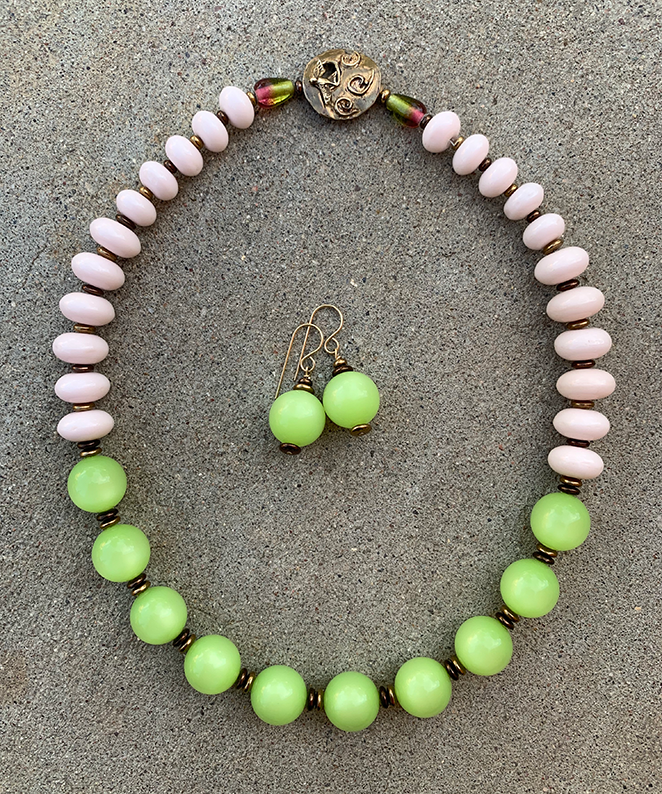 Necklace Set | Lime green Lucite rounds, pale pink vintage glass rondelles