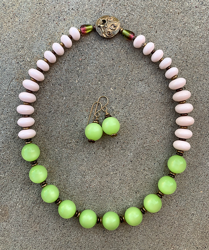 Necklace Set | Lime green Lucite rounds, pale pink vintage glass rondelles
