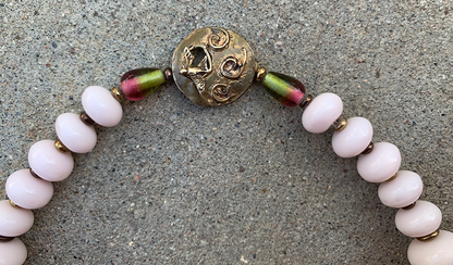 Necklace Set | Lime green Lucite rounds, pale pink vintage glass rondelles