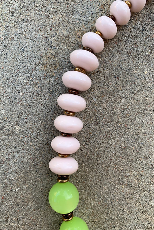 Necklace Set | Lime green Lucite rounds, pale pink vintage glass rondelles