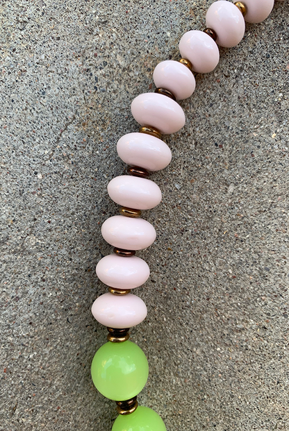 Necklace Set | Lime green Lucite rounds, pale pink vintage glass rondelles