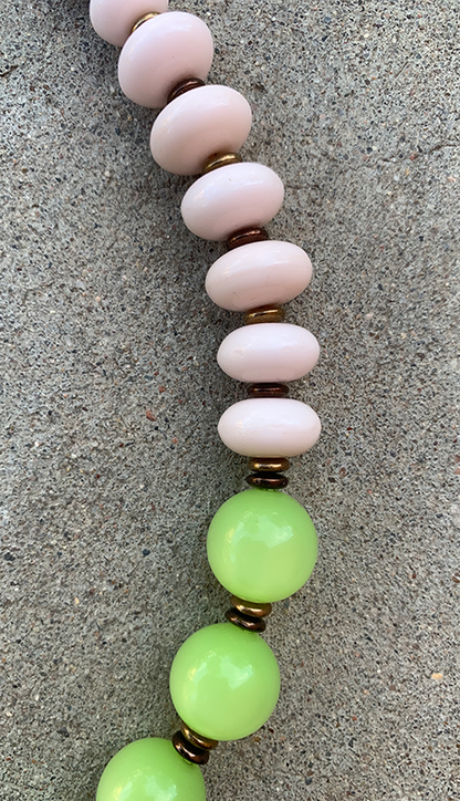 Necklace Set | Lime green Lucite rounds, pale pink vintage glass rondelles