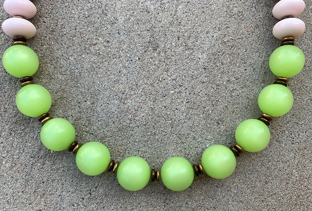 Necklace Set | Lime green Lucite rounds, pale pink vintage glass rondelles