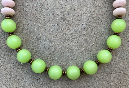 Necklace Set | Lime green Lucite rounds, pale pink vintage glass rondelles