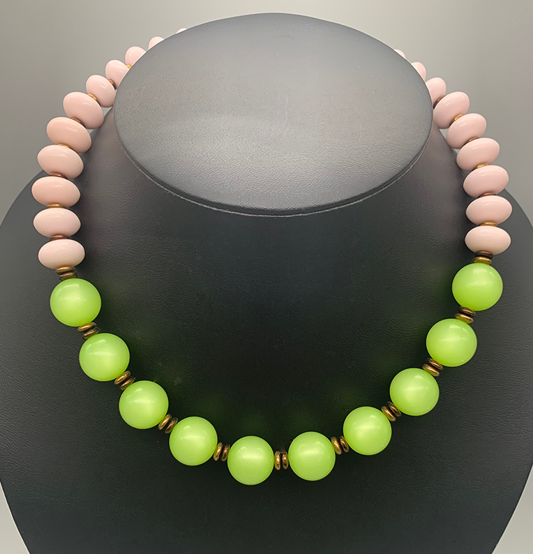 Necklace Set | Lime green Lucite rounds, pale pink vintage glass rondelles