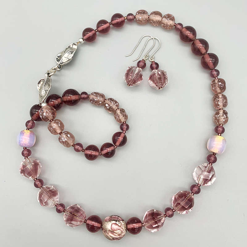Necklace Set | Rare vintage 1930s French light amethyst givre rounds, Japanese lava glass, Japanese and West German mid-century glass beads