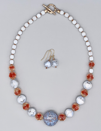 Necklace Set | Venetian perwinkle focal disk, ruby/topaz givre faceted rounds, pale blue givre, and opalescent vintage glass beads