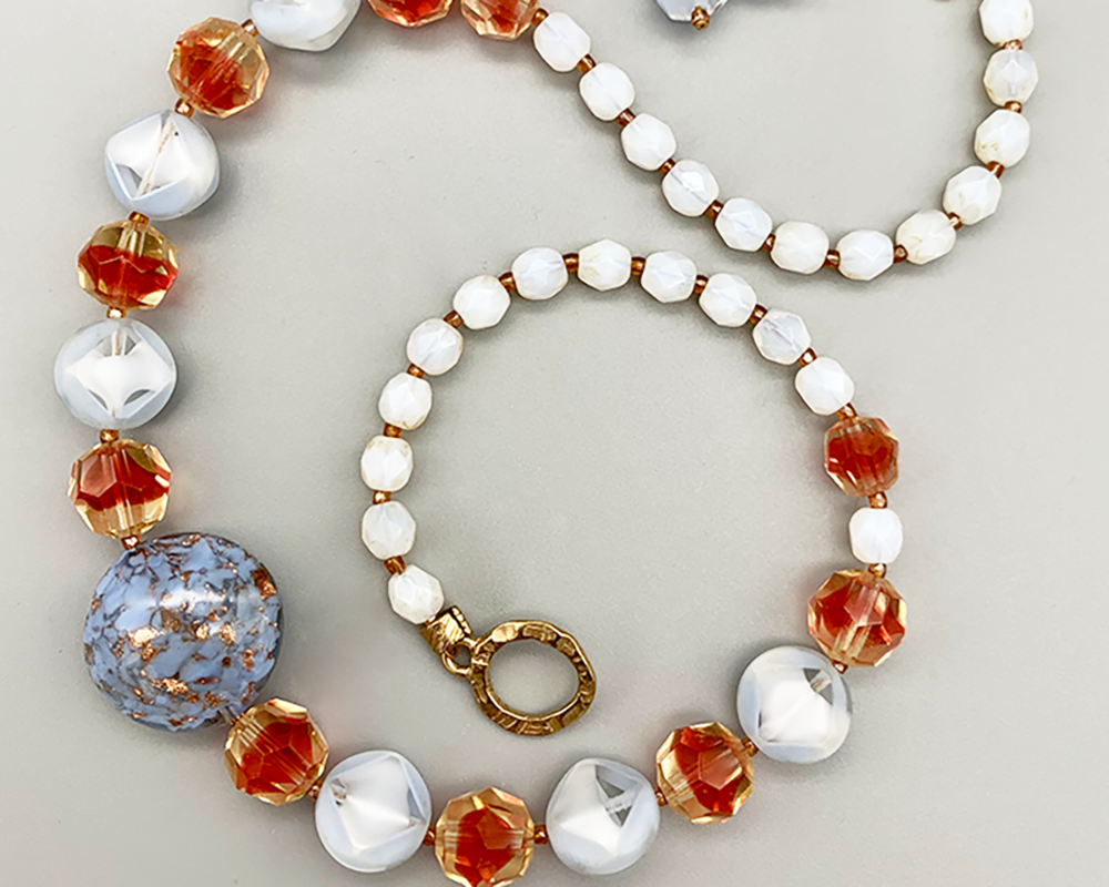 Necklace Set | Venetian perwinkle focal disk, ruby/topaz givre faceted rounds, pale blue givre, and opalescent vintage glass beads