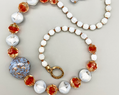 Necklace Set | Venetian perwinkle focal disk, ruby/topaz givre faceted rounds, pale blue givre, and opalescent vintage glass beads