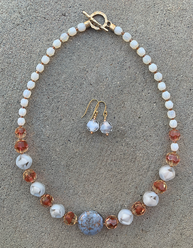 Necklace Set | Venetian perwinkle focal disk, ruby/topaz givre faceted rounds, pale blue givre, and opalescent vintage glass beads
