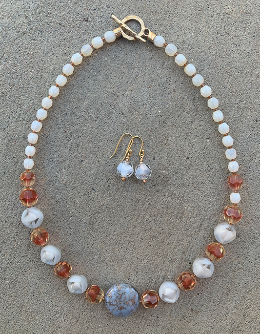 Necklace Set | Venetian perwinkle focal disk, ruby/topaz givre faceted rounds, pale blue givre, and opalescent vintage glass beads