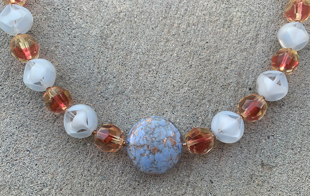 Necklace Set | Venetian perwinkle focal disk, ruby/topaz givre faceted rounds, pale blue givre, and opalescent vintage glass beads